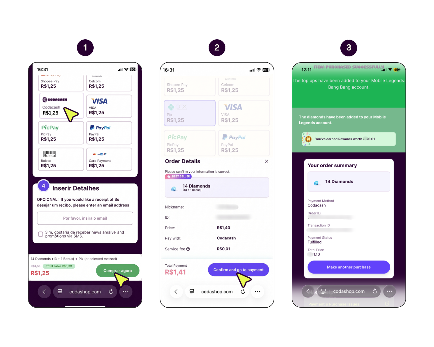 Step-by-step screens showing how to pay with Codacash.